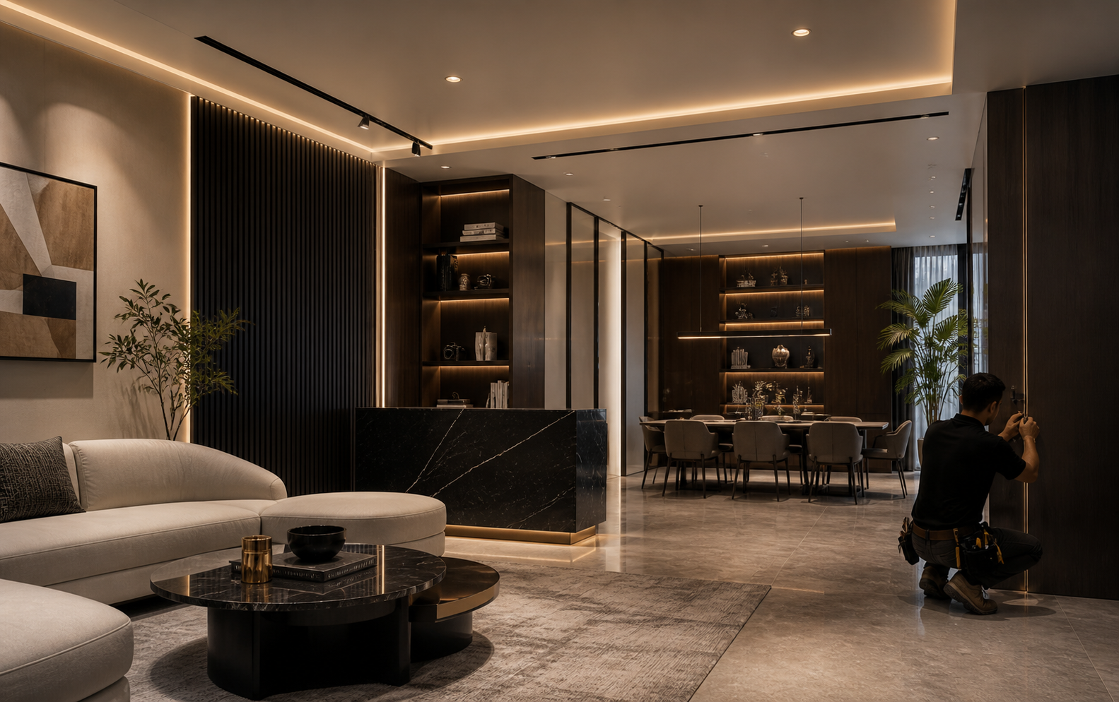 Luxury residential fit-out — craftsman finishing bespoke joinery in a premium interior