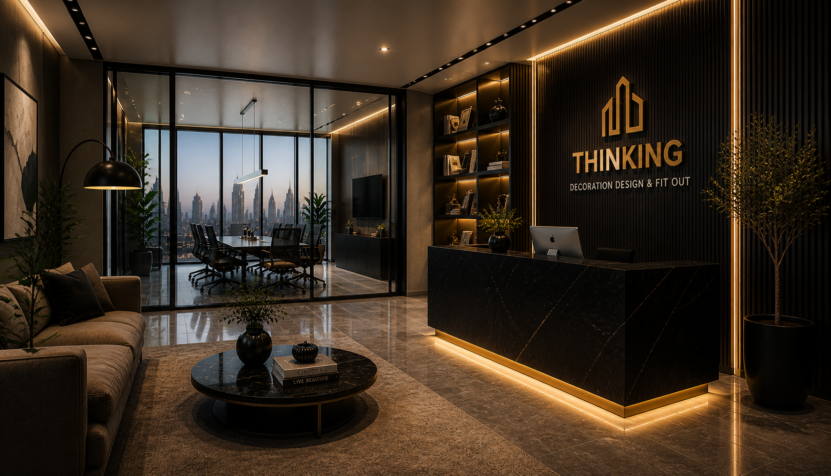 Thinking Decoration reception and waiting area with marble desk, branded feature wall, and city views